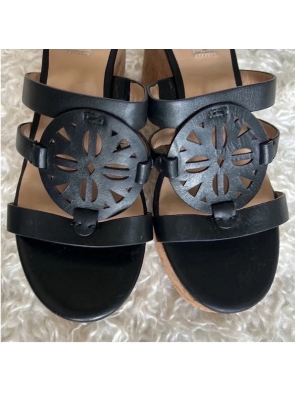 Antonio Melani Quinnlynn Leather Black Cork Platform Wedge Heel Sandals Sz 9
